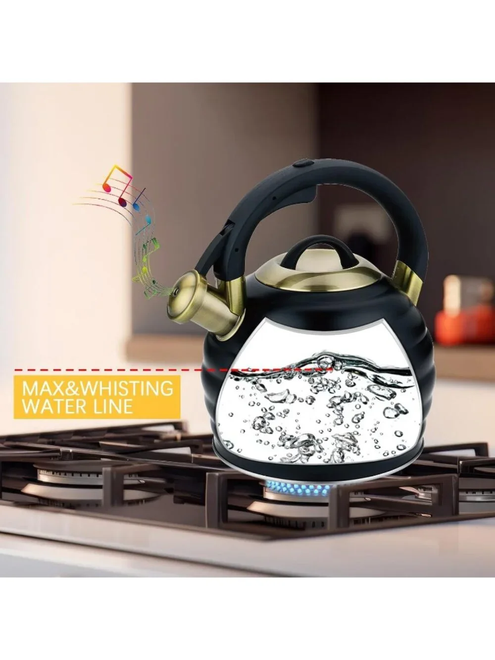 Black Kitchen Whistling Teakettle 3.2Q Stainless Stovetop Heat Proof Handle